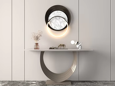 Stylish Console Table With Marble Top Metal Base Round Mirror And Decorative Vase 3d model