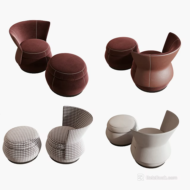 Modern Accent Chairs In Brown And White With Matching Ottomans And Plaid Design 3d model 