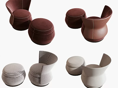 Modern Accent Chairs In Brown And White With Matching Ottomans And Plaid Design 3d model