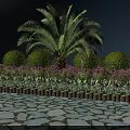 Stone Paved Roadside Facility With Palm Tree Green Shrubs Purple Flowers And Wooden Border
