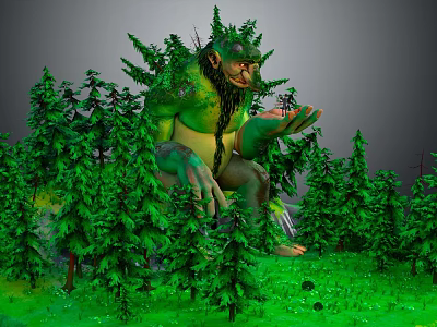 Fantasy Game Movie Character Green Forest Guardian Surrounded by Tall Pine Trees in Lush Woodland 3d model