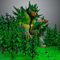 Fantasy Game Movie Character Green Forest Guardian Surrounded by Tall Pine Trees in Lush Woodland