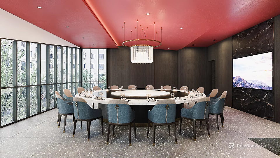 Elegant Private Dining Room With Round Table Blue Chairs Red Ceiling And Chandelier 3d model