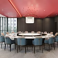 Elegant Private Dining Room With Round Table Blue Chairs Red Ceiling And Chandelier 3d model