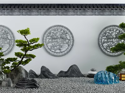Traditional Chinese Garden Decorative Elements With Circular Carved Windows Pine Trees Rock Formations And Pebbles 3d model