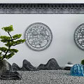 Traditional Chinese Garden Decorative Elements With Circular Carved Windows Pine Trees Rock Formations And Pebbles