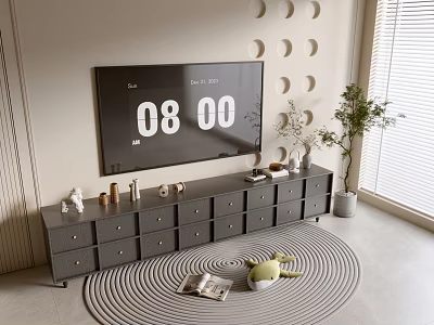 Modern Minimalist Gray TV Stand With Multiple Drawers TV Potted Plant And Round Rug 3d model