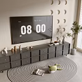 Modern Minimalist Gray TV Stand With Multiple Drawers TV Potted Plant And Round Rug