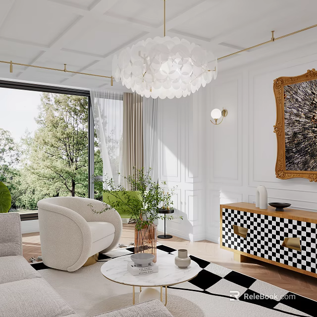 Elegant Living And Dining Area With Chandelier Large Windows Green Plants Beige Armchair And Checkered Cabinet 3d model 