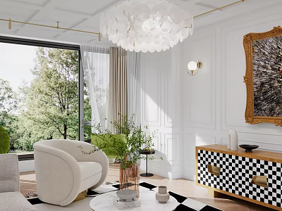 Elegant Living And Dining Area With Chandelier Large Windows Green Plants Beige Armchair And Checkered Cabinet 3d model