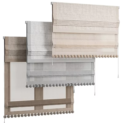 Neutral Toned Roman Blinds With Linen Texture And Decorative Pom Poms 3d model