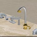 Various Faucet Designs Displayed on Countertop with Light Colored Wall