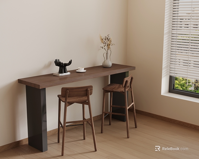 Modern Wooden Bar Counter With Stools Vase Flowers And Window Blinds 3d model 