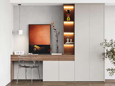 Modern Home Office Desk Area Design With Chair Artwork Lit Shelf And Decorations 3d model