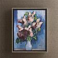 Botanical Painting Of Pink Purple Flowers In White Vase With Green Leaves And Blue Background