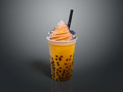 Refreshing Bubble Tea With Tapioca Pearls And Orange Cream Swirl Topped With Black Straw 3d model