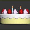 Colorful Decorated Cake With White Frosting Yellow Base Red Strawberry Toppings And Pink Meringue Candles