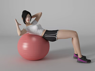 Woman Exercising On Pink Fitness Ball With White Top And Black Shorts 3d model