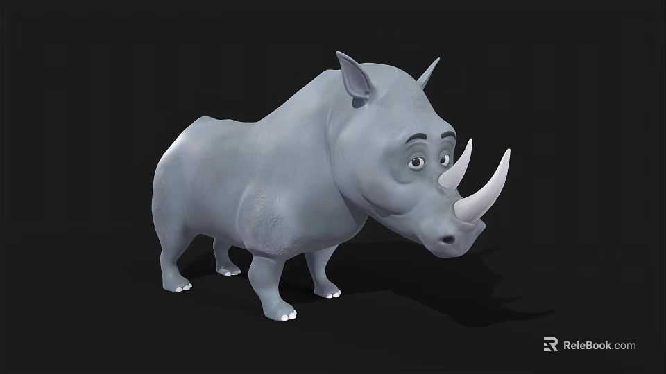 Cartoon Style Gray Rhinoceros 3D Model With White Horns On Black Background 3d model 