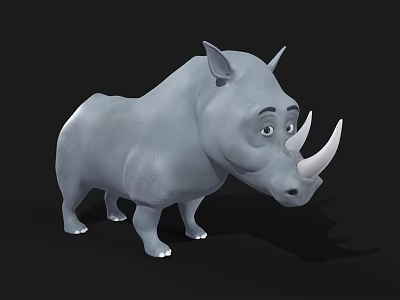 Cartoon Style Gray Rhinoceros 3D Model With White Horns On Black Background 3d model