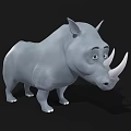 Cartoon Style Gray Rhinoceros 3D Model With White Horns On Black Background