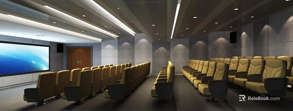 Modern Cinema Interior With Rows Of Yellow Seats Gray Walls And Ceiling Lights 3d model 