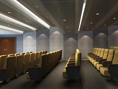 Modern Cinema Interior With Rows Of Yellow Seats Gray Walls And Ceiling Lights 3d model