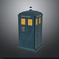 Blue Telephone Box Structure With Yellow Illuminated Windows And Top Lamp