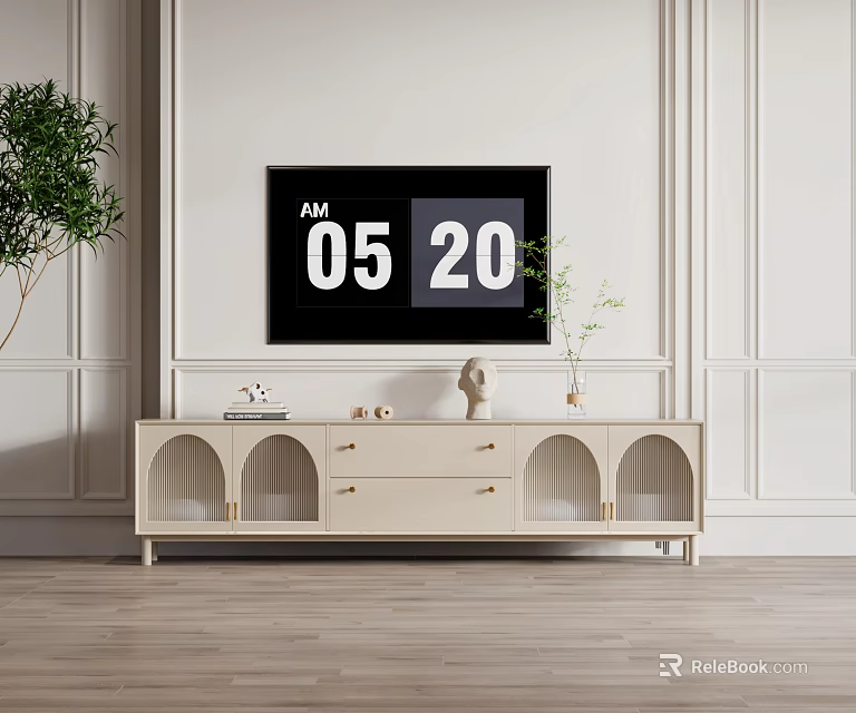 Modern Beige TV Stand with Drawers Open Compartments TV and Green Plant in White Room 3d model 