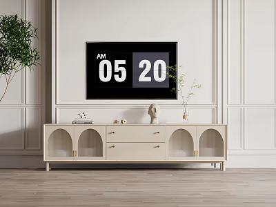 Modern Beige TV Stand with Drawers Open Compartments TV and Green Plant in White Room 3d model