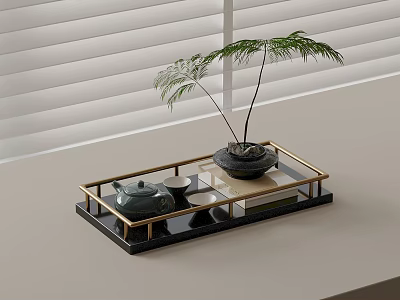 Stylish Tray With Teapot Cups And Green Plant On Table Against Wooden Blinds Background 3d model