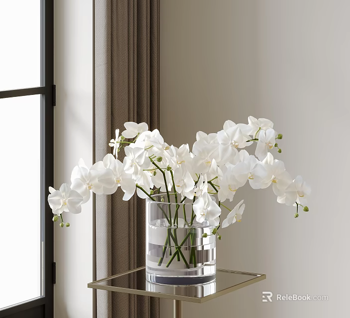White Orchids in Glass Vase on Golden Metal Table for Modern Home Decor 3d model 