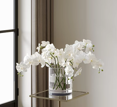 White Orchids in Glass Vase on Golden Metal Table for Modern Home Decor 3d model