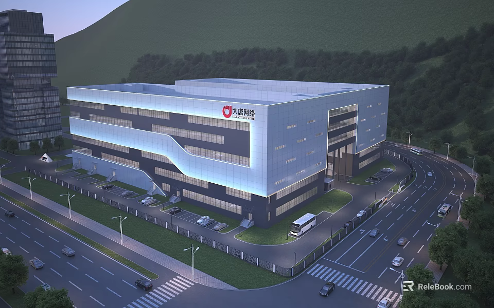 Modern Industrial Factory Building with Glass Curtain Walls AB Group Logo and Surrounding Greenery Hills 3d model 