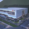Modern Industrial Factory Building with Glass Curtain Walls AB Group Logo and Surrounding Greenery Hills
