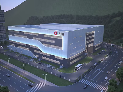 Modern Industrial Factory Building with Glass Curtain Walls AB Group Logo and Surrounding Greenery Hills 3d model