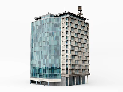 Modern Multi Story Office Building With Glass Curtain Facade And Rooftop Equipment 3d model