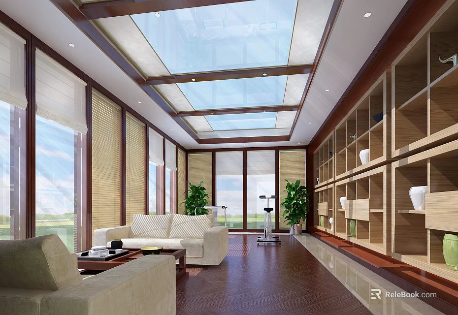 Modern Villa Balcony Interior with Glass Roof Sofa Bookshelves and Green Plants 3d model 