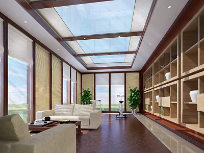 Modern Villa Balcony Interior with Glass Roof Sofa Bookshelves and Green Plants 3d model