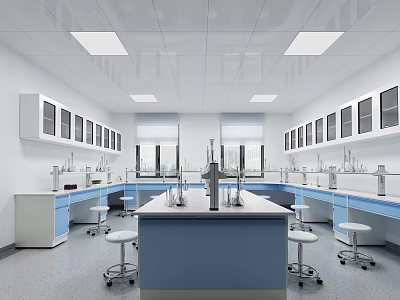 Modern Laboratory Interior Design With White And Blue Lab Benches And Glass Front Cabinets 3d model