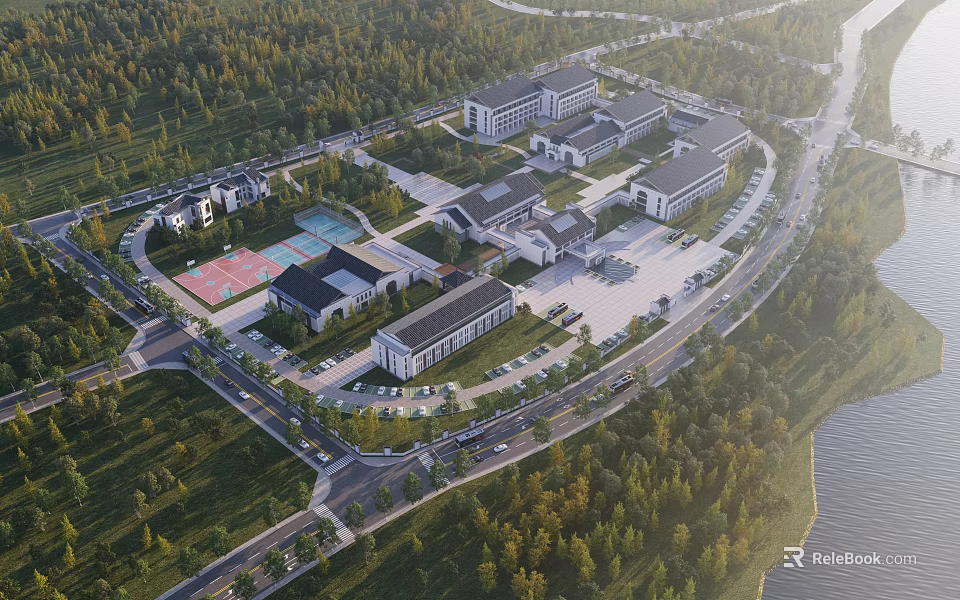Modern School Buildings in Aerial View Surrounded by Trees Roads Parking Lots and Sports Courts 3d model 