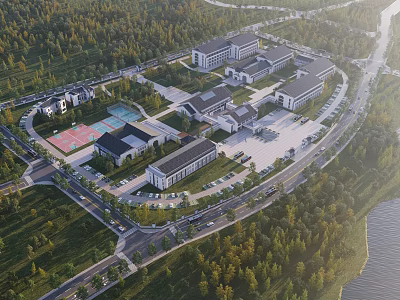 Modern School Buildings in Aerial View Surrounded by Trees Roads Parking Lots and Sports Courts 3d model