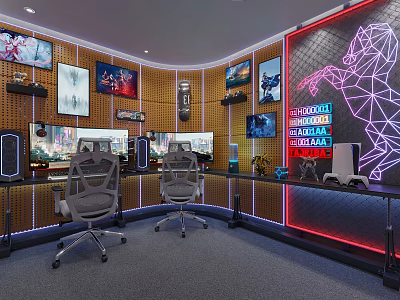 Modern Gaming Room Interior With Ergonomic Chairs Multiple Monitors Neon Lights And Geometric Horse 3d model