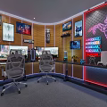 Modern Gaming Room Interior With Ergonomic Chairs Multiple Monitors Neon Lights And Geometric Horse
