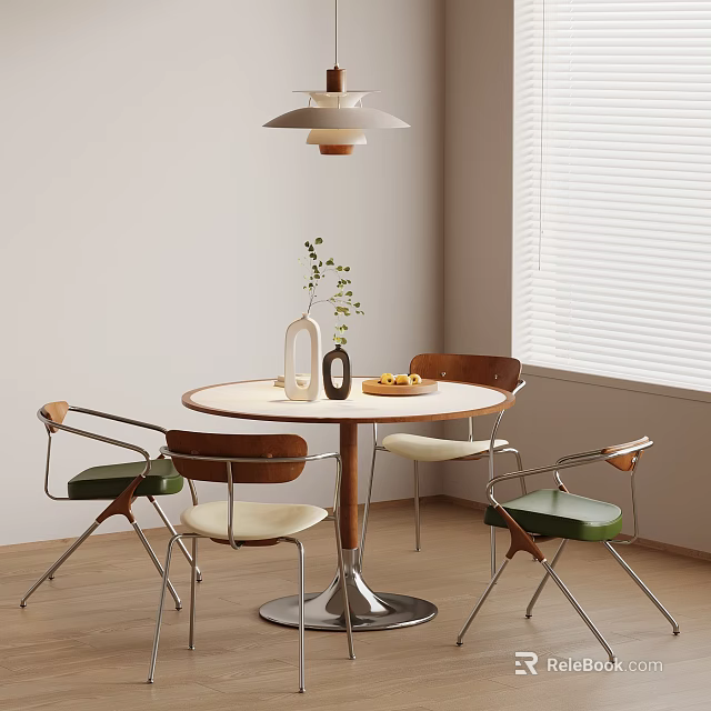 Modern Minimalist Dining Space With Round Table Green Beige Cushioned Chairs Pendant Light And Window Blinds 3d model 