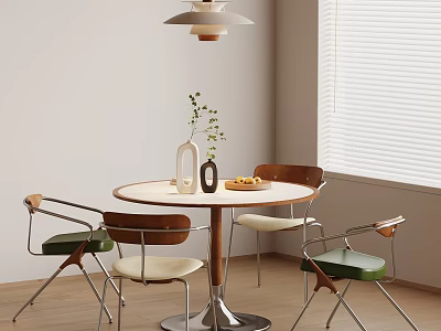 Modern Minimalist Dining Space With Round Table Green Beige Cushioned Chairs Pendant Light And Window Blinds 3d model