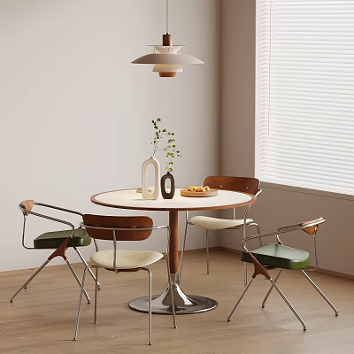 Modern Minimalist Dining Space With Round Table Green Beige Cushioned Chairs Pendant Light And Window Blinds 3d model
