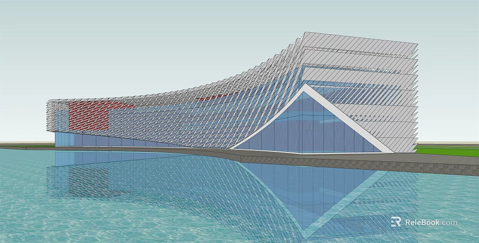 Modern Architectural Building With Wave Shaped Glass Facade And Water Reflection 3d model 