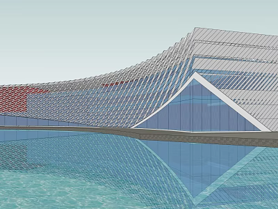 Modern Architectural Building With Wave Shaped Glass Facade And Water Reflection 3d model