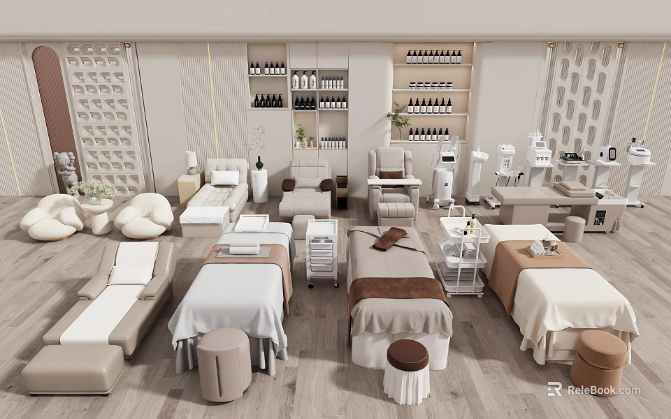 Foot Massage Therapy Salon Interior With Comfortable Professional Massage Beds Setup 3d model